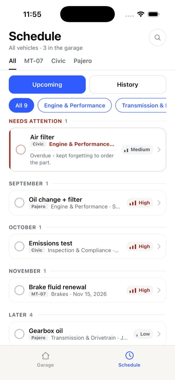 The WheelNotes schedule screen grouping upcoming maintenance by month, with an overdue job under Needs attention.