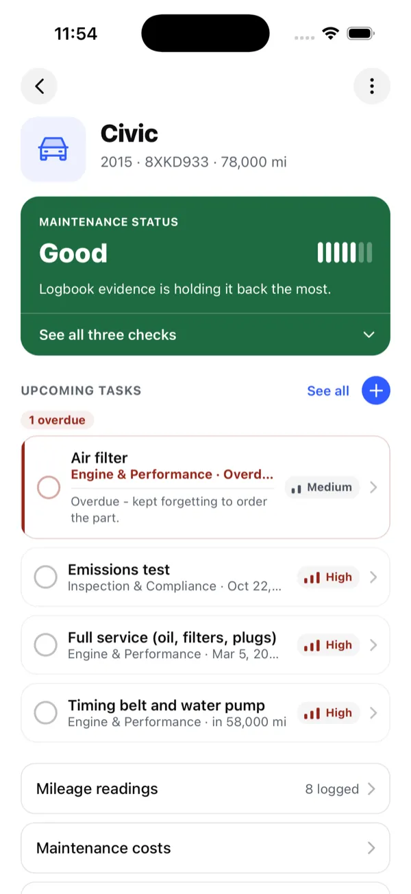 A vehicle page in WheelNotes: a 2015 Honda Civic at 78,000 miles, a green Good maintenance status, and a task list with an overdue air filter.
