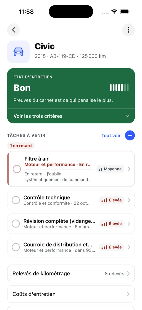 La fiche d'un véhicule dans WheelNotes : une Honda Civic de 2015 à 125 000 km, un état d'entretien « Bon » en vert et une liste de tâches dont un filtre à air en retard.